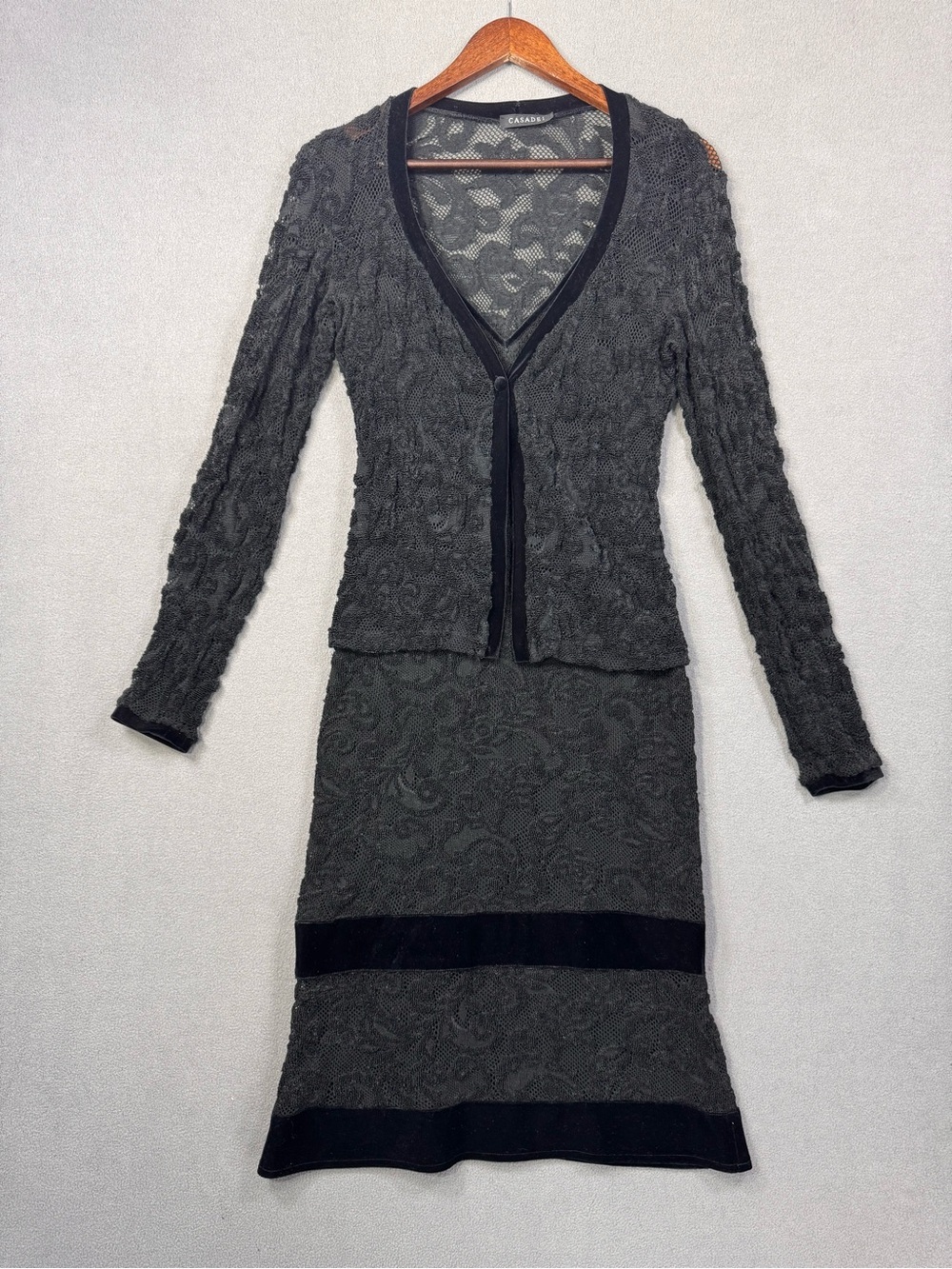 Vintage 90’s Floral Lace Mesh Sleeveless V-Neck Black Sheath Dress and Jacket, S